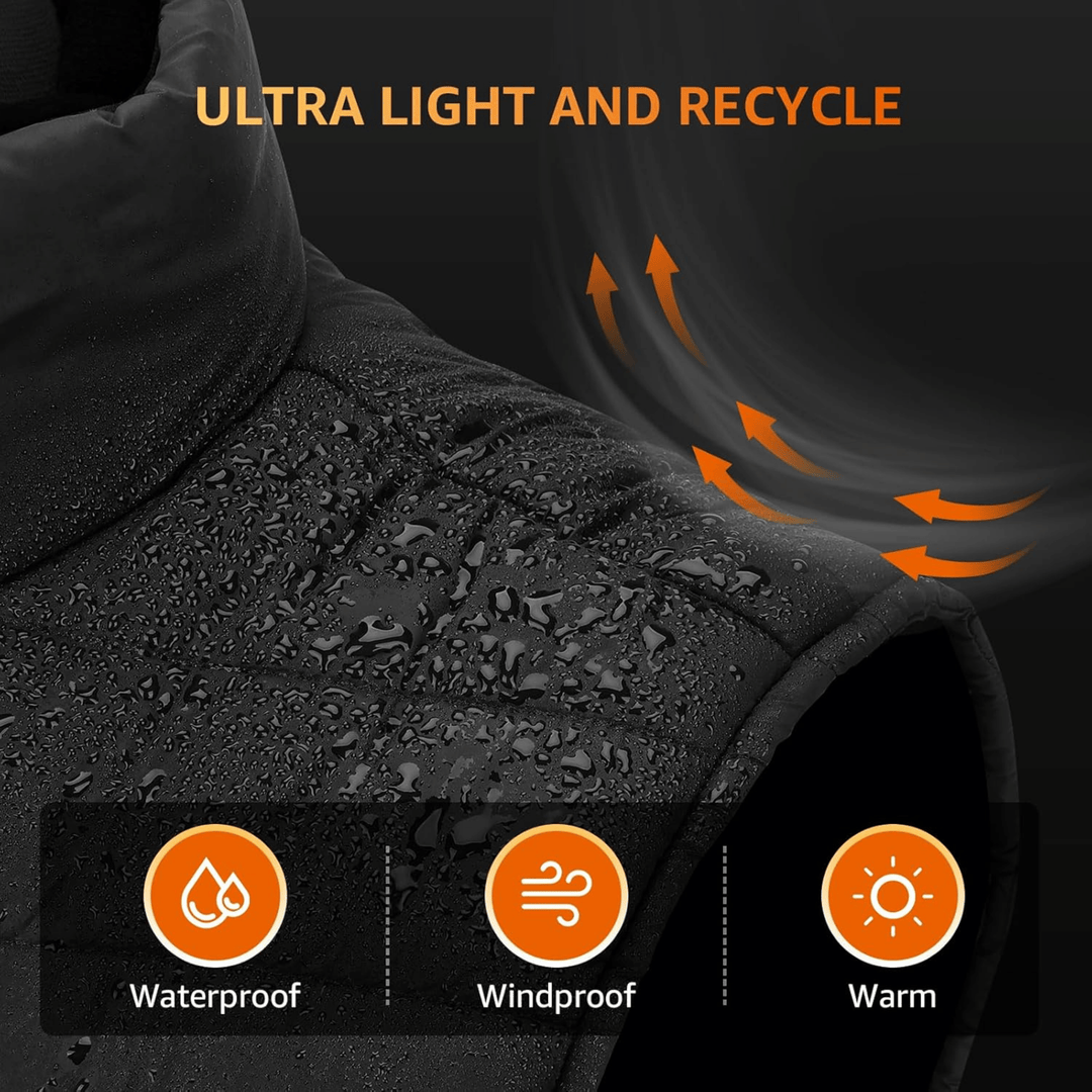 Men's lightweight heated gilet in black, offering instant warmth for outdoor activities & winter sports.