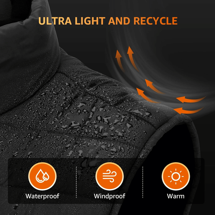 Men's lightweight heated gilet in black, offering instant warmth for outdoor activities & winter sports.