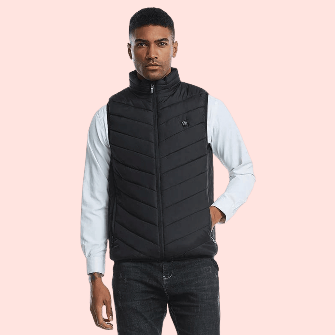Close-up of a men's electric gilet, a comfortable thermal body warmer designed for instant heat.