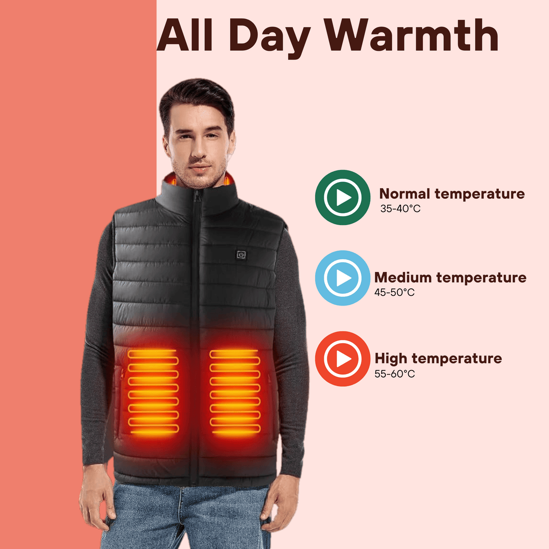 Men's thermal heated vest with an easy-to-use control, offering customizable warmth for any adventure.