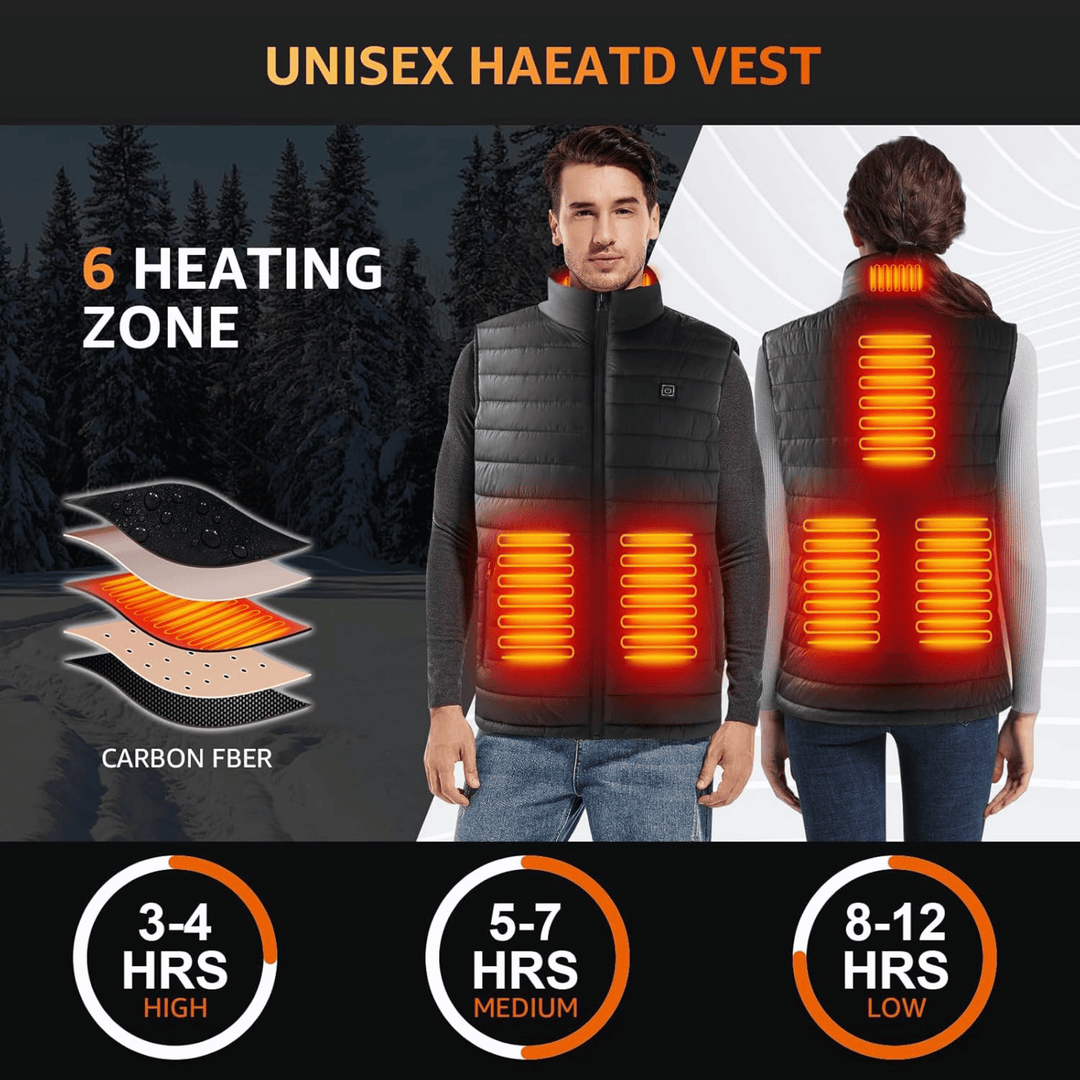 Full-length view of a men's electric body warmer, providing lightweight comfort and instant heat for men.