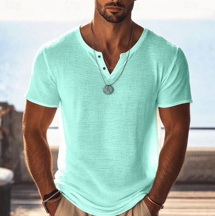 Men's lightweight Henley V-neck tee for summer comfort & casual style.