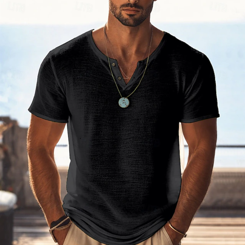 Men's comfortable lightweight Henley V-neck tee, ideal casual top for summer outfits.