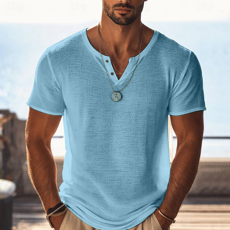 Stay cool & comfortable in this men's lightweight Henley V-neck tee, perfect for summer casual style.
