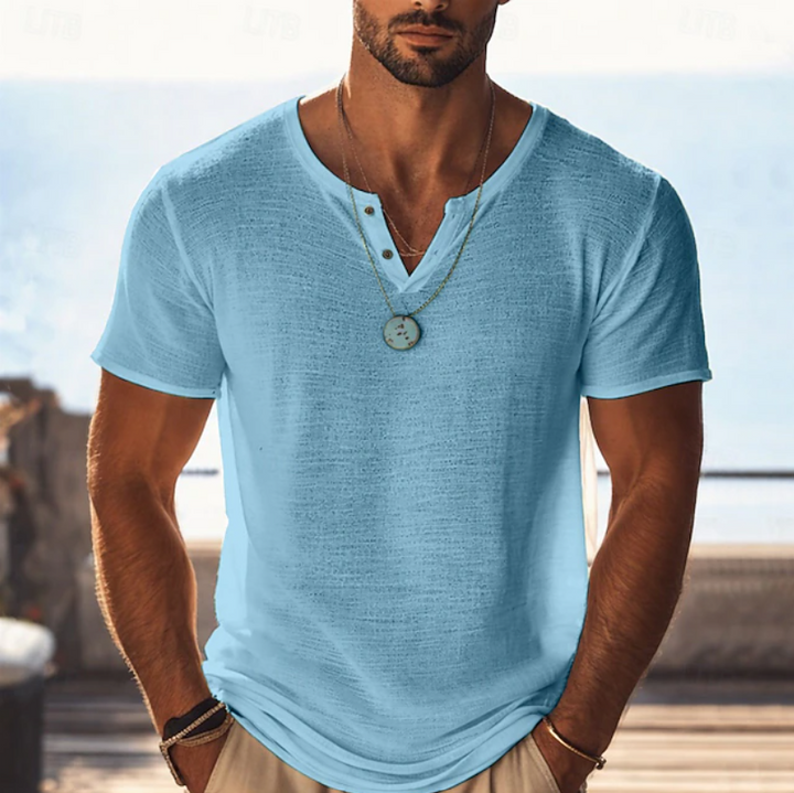 Stay cool & comfortable in this men's lightweight Henley V-neck tee, perfect for summer casual style.
