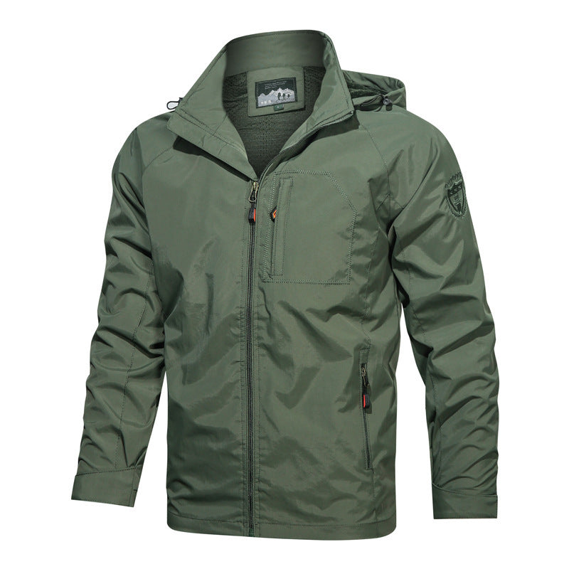 Men's lightweight hooded jacket in gray, perfect for casual everyday comfort and layering. Full zip design.