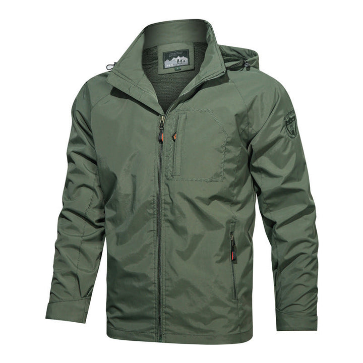 Men's lightweight hooded jacket in gray, perfect for casual everyday comfort and layering. Full zip design.