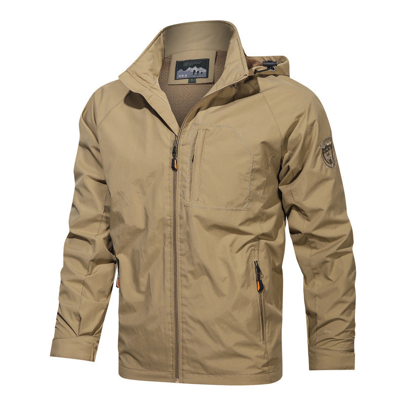 Men's full zip hooded jacket, lightweight and versatile for casual outdoor activities and daily wear.