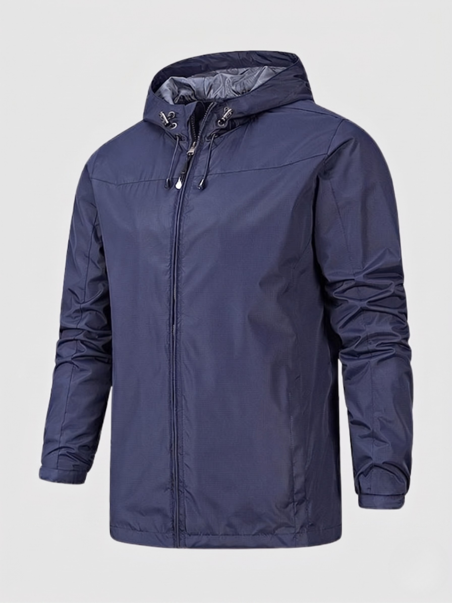 Comfortable men's full zip hooded jacket, ideal for everyday wear, travel, or layering. Lightweight & versatile.