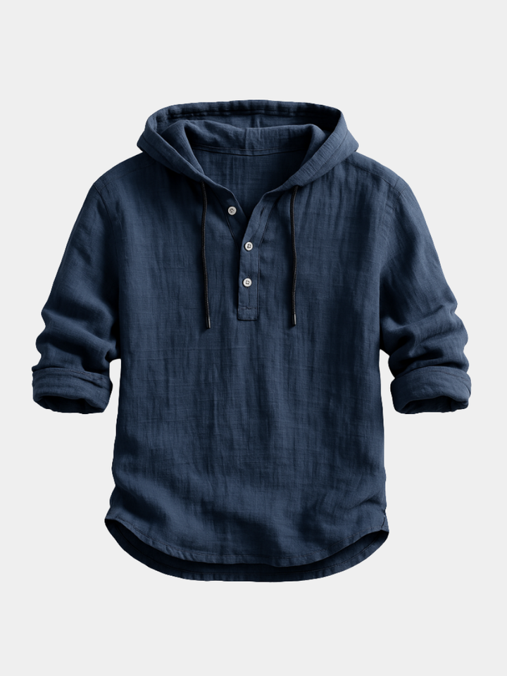 Men's lightweight hooded linen shirt for casual summer style.