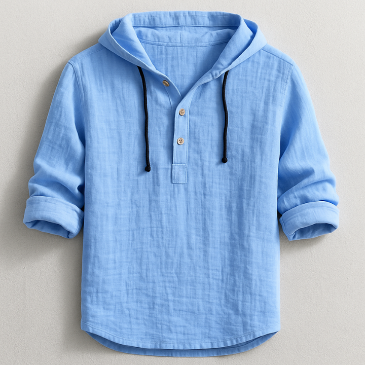 Relaxed fit breathable linen hooded shirt for men.