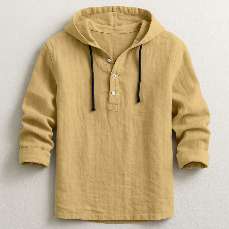 Stylish men's casual wear: hooded long-sleeve linen shirt.