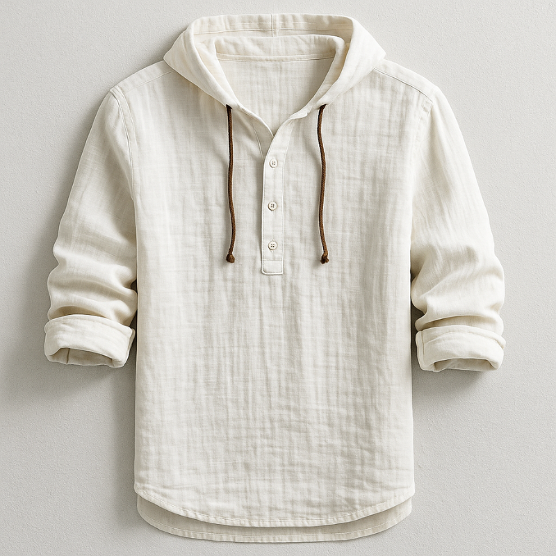 Men's summer fashion: lightweight hooded shirt in natural linen.