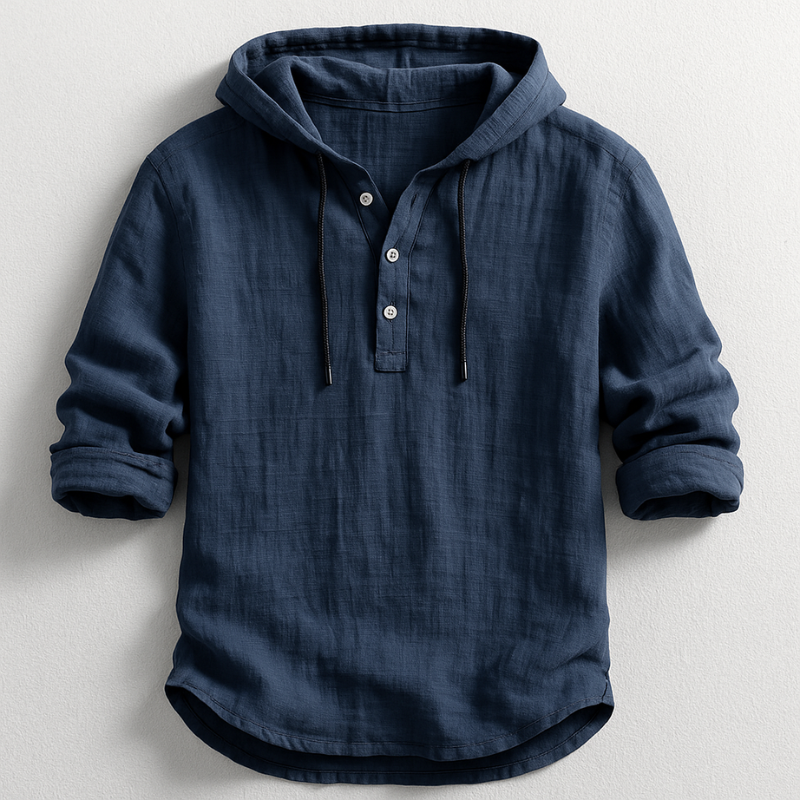 Breathable men's hooded linen shirt for relaxed everyday wear.