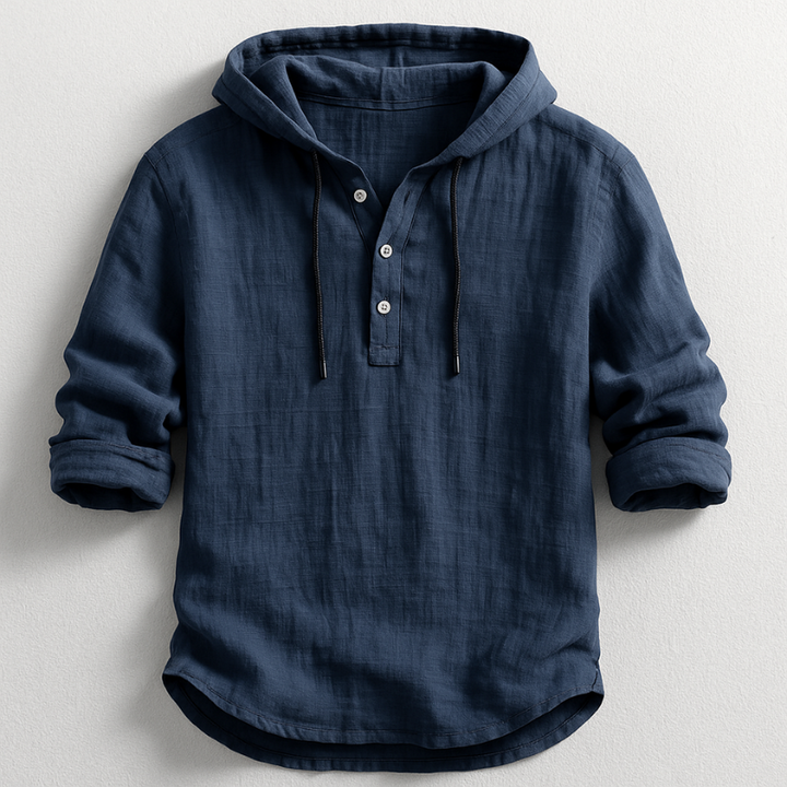 Breathable men's hooded linen shirt for relaxed everyday wear.