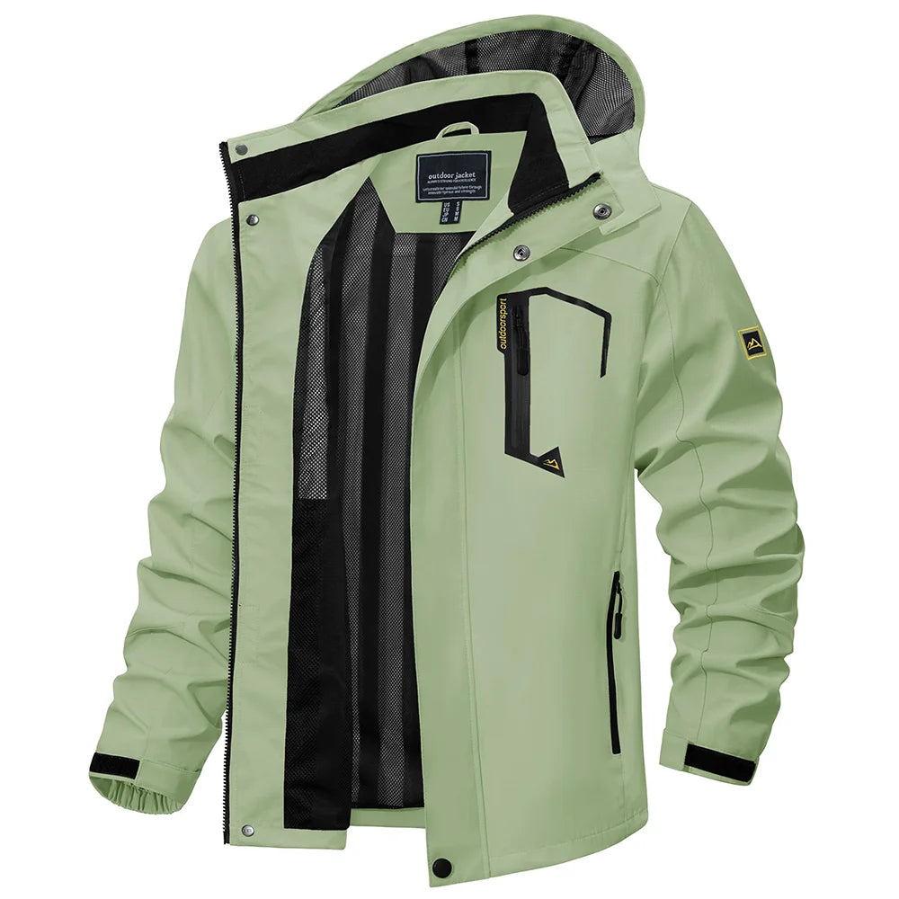 Men's lightweight hooded rain jacket for outdoor protection. Water-resistant windbreaker for hiking.