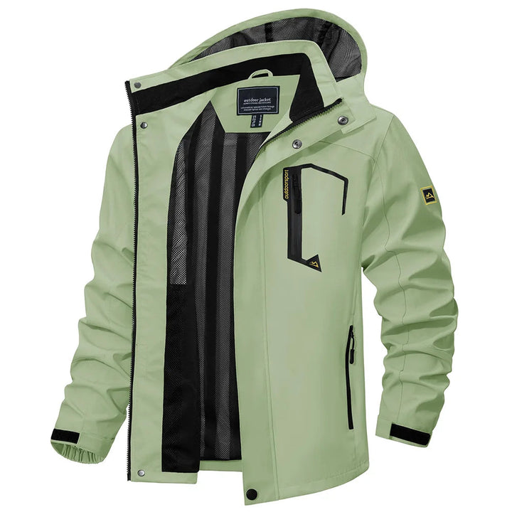Men's lightweight hooded rain jacket for outdoor protection. Water-resistant windbreaker for hiking.