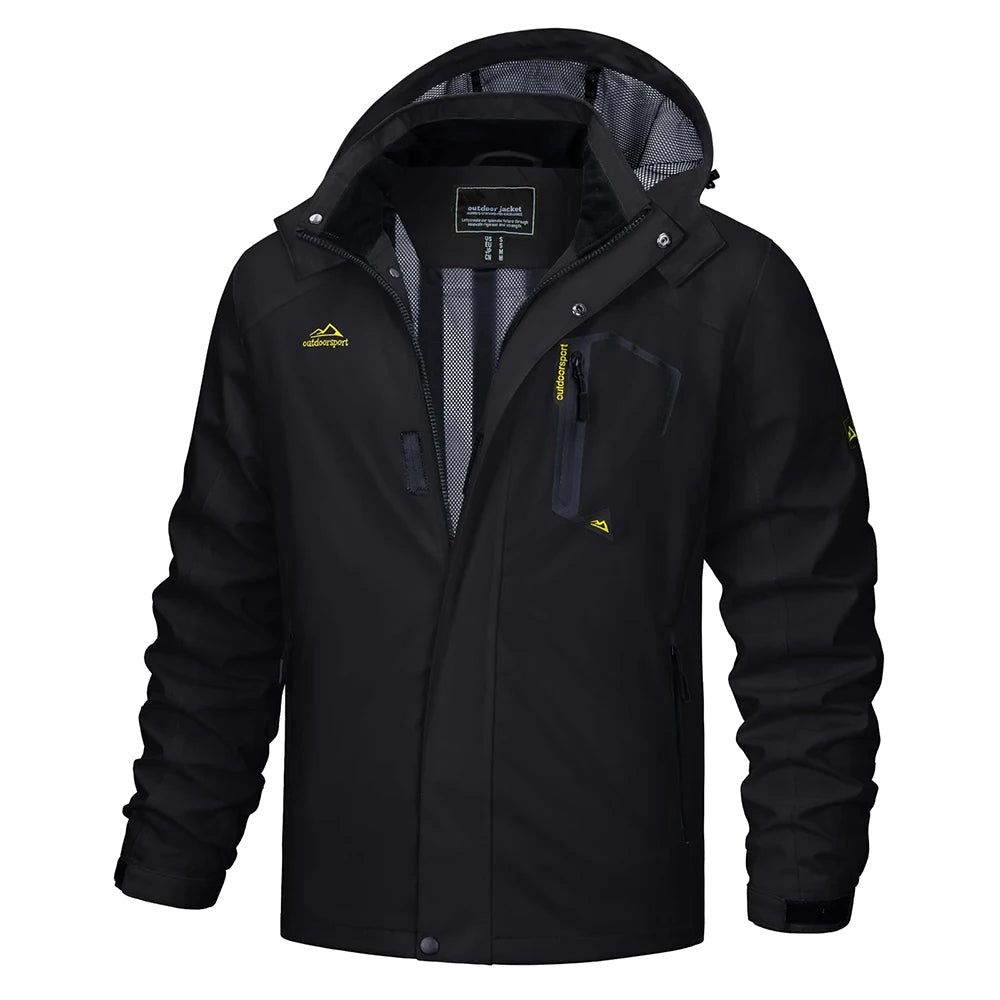 Adventure gear: men's lightweight hooded rain jacket for outdoor explorers & hikers.
