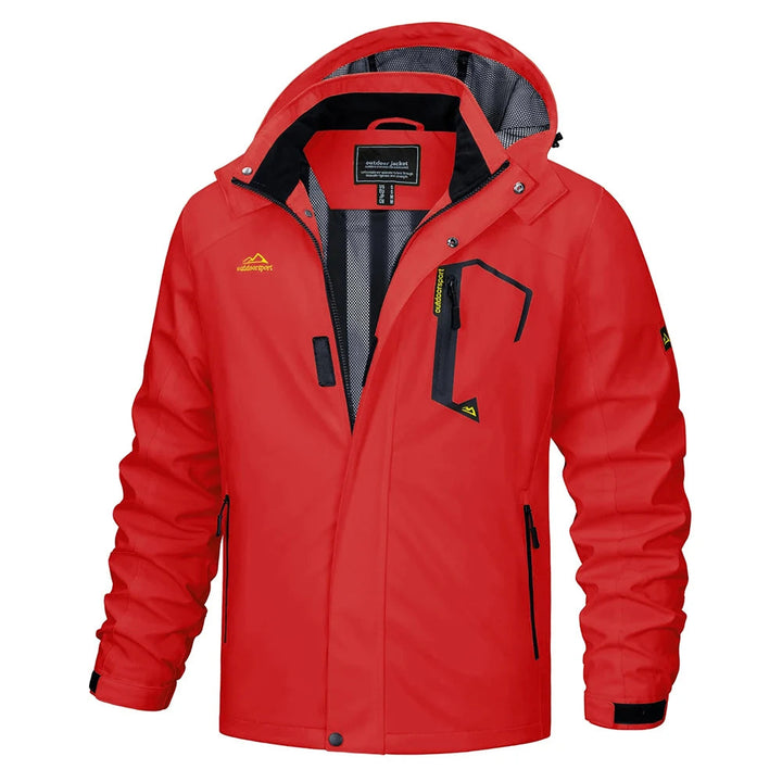 Men's hiking jacket, lightweight, hooded, water-resistant for trail protection & adventure.