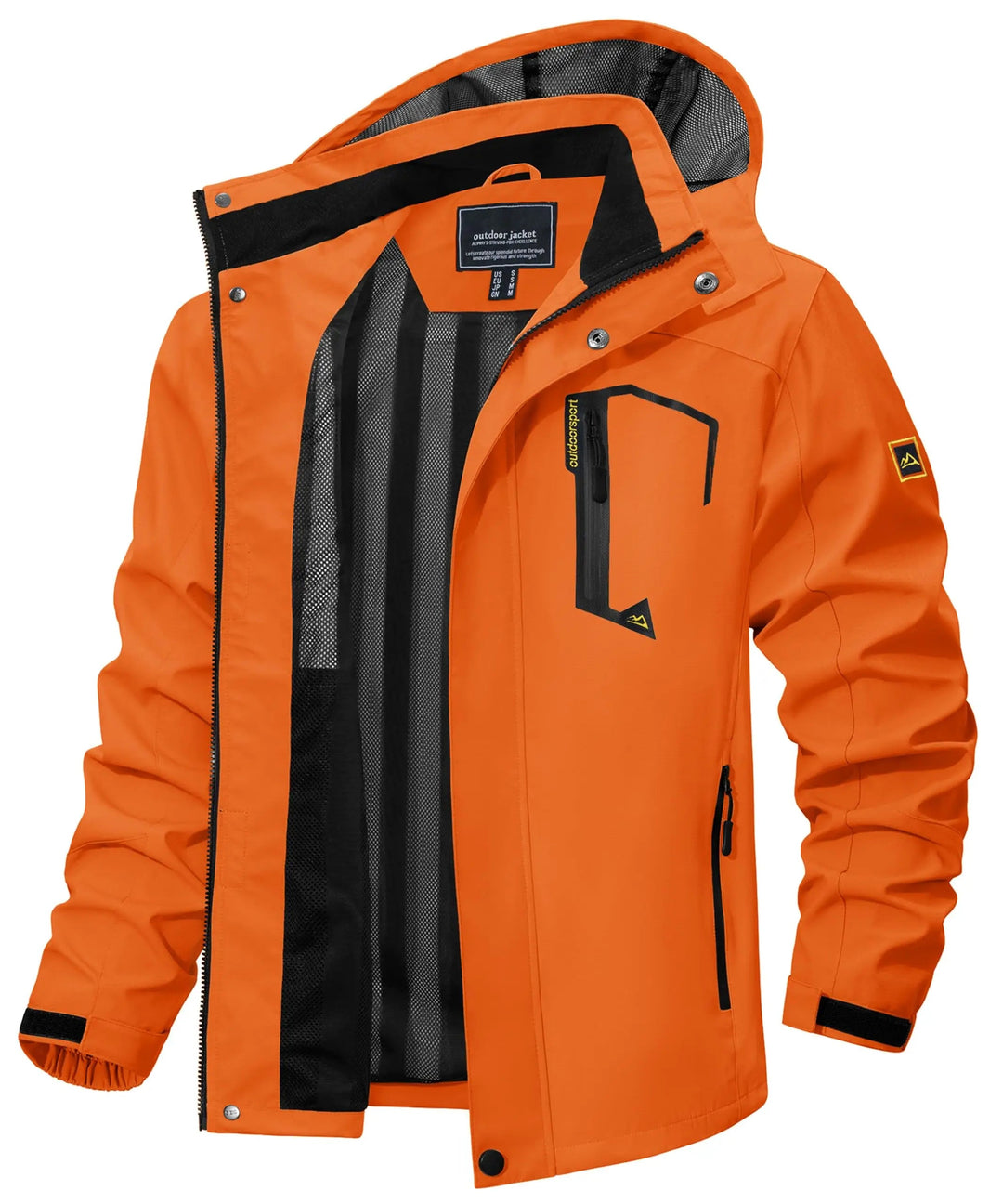 Detail of multi-pocket men's lightweight rain jacket, essential for outdoor gear.
