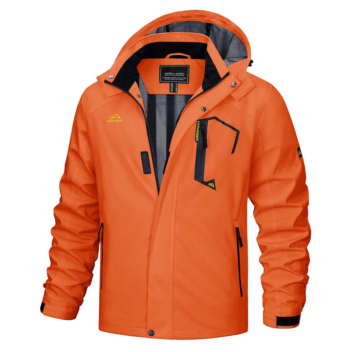 Breathable men's water-resistant hooded jacket, lightweight for active outdoor use.