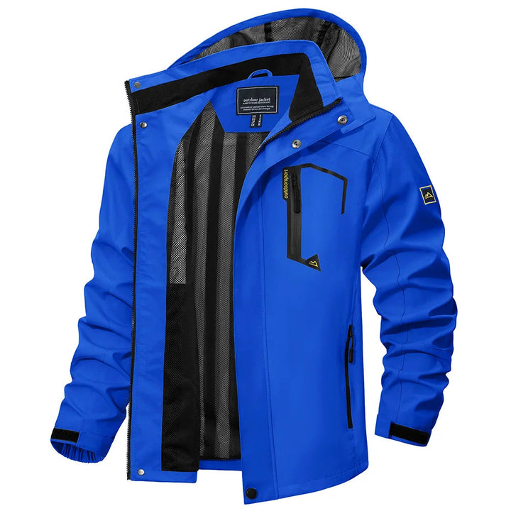 Lightweight men's hooded rain jacket, perfect for layering during outdoor adventures.