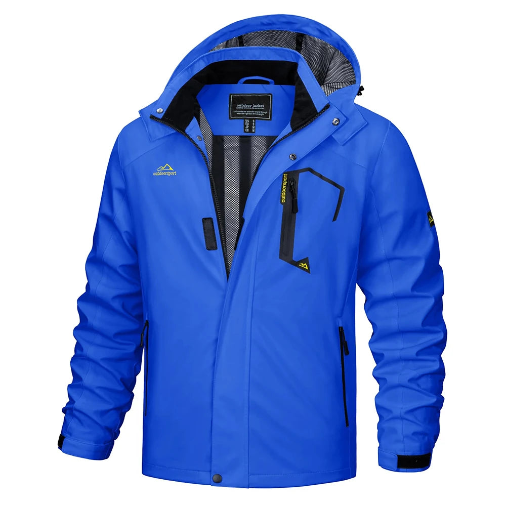 Men's hooded rain jacket in action; lightweight, water-resistant for dynamic outdoor activities.