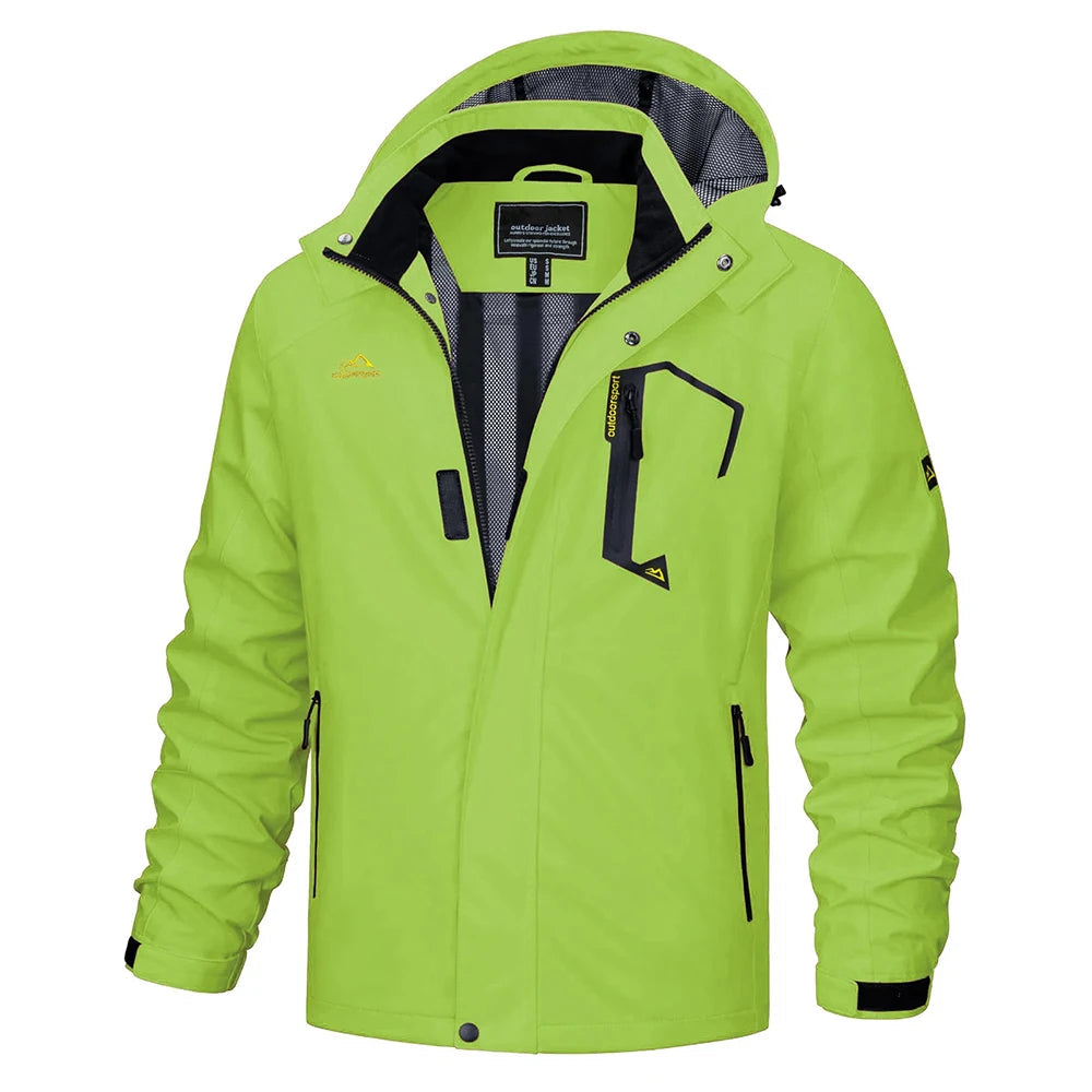 Men's lightweight rain jacket on display, highlighting hooded & water-resistant features.