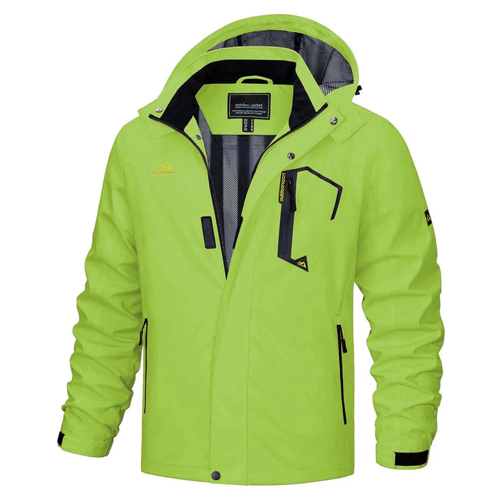 Men's lightweight rain jacket on display, highlighting hooded & water-resistant features.
