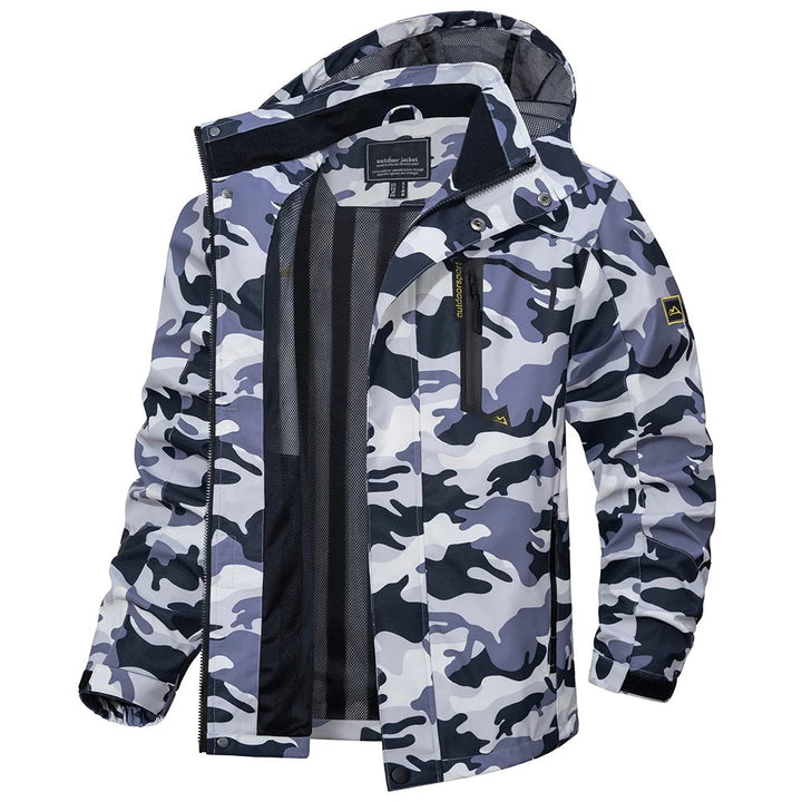Easy-pack men's lightweight hooded rain jacket, essential outdoor protection & adventure gear.