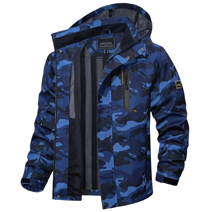 Spring/fall men's lightweight hooded rain jacket, water-resistant for unpredictable weather.