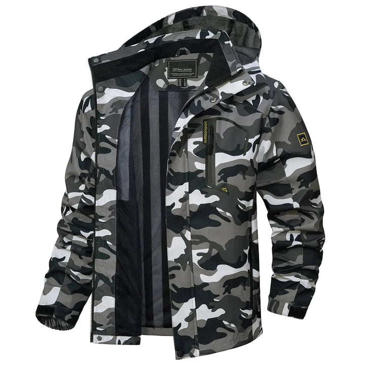 Durable men's lightweight hooded rain jacket, built for rugged outdoor adventures.