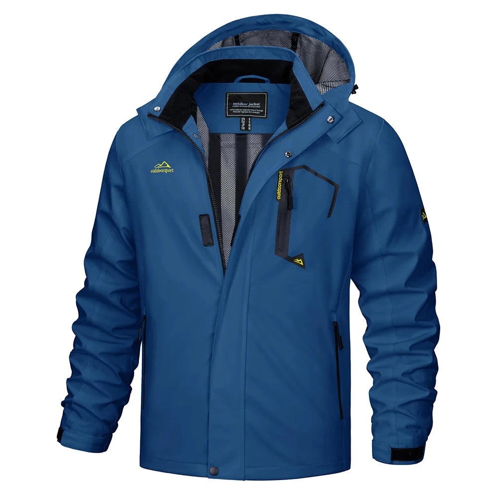 Multi-pocket men's lightweight rain jacket, ideal for casual outdoor wear & adventure gear.