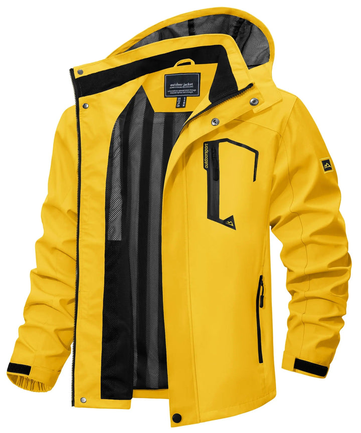 All-weather men's hooded rain jacket, offering superb lightweight outdoor protection.