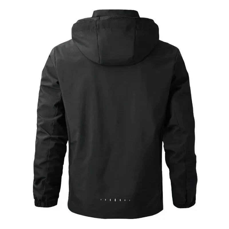 Men's reflective hooded rain jacket, lightweight & water-resistant windbreaker for active outdoor wear.