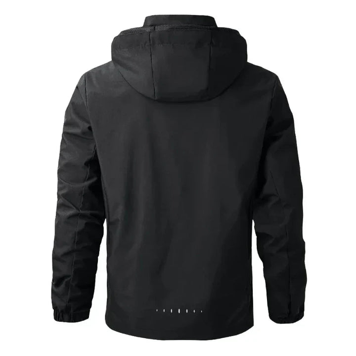 Men's reflective hooded rain jacket, lightweight & water-resistant windbreaker for active outdoor wear.