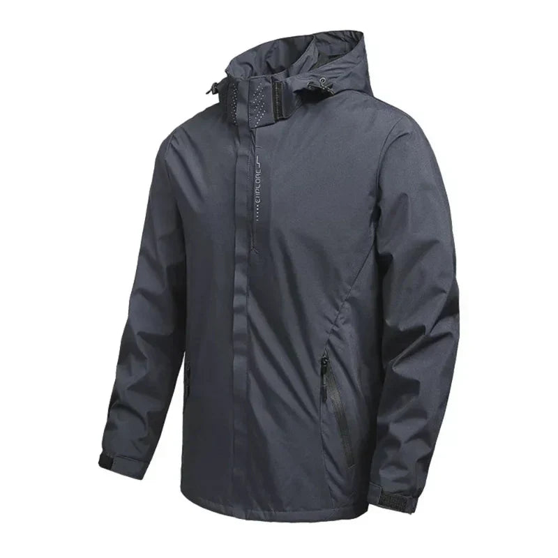 Stylish men's lightweight hooded rain jacket, water-resistant & windbreaker, perfect for active spring outerwear.