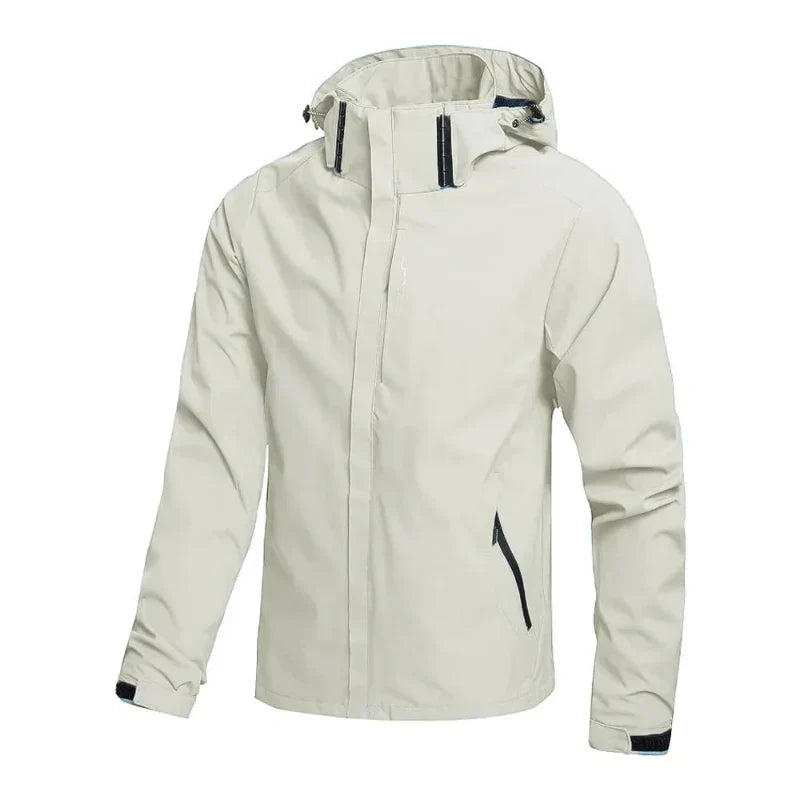 Men's weatherproof hooded rain jacket, lightweight & water-resistant, providing protection for fall outdoor activities.