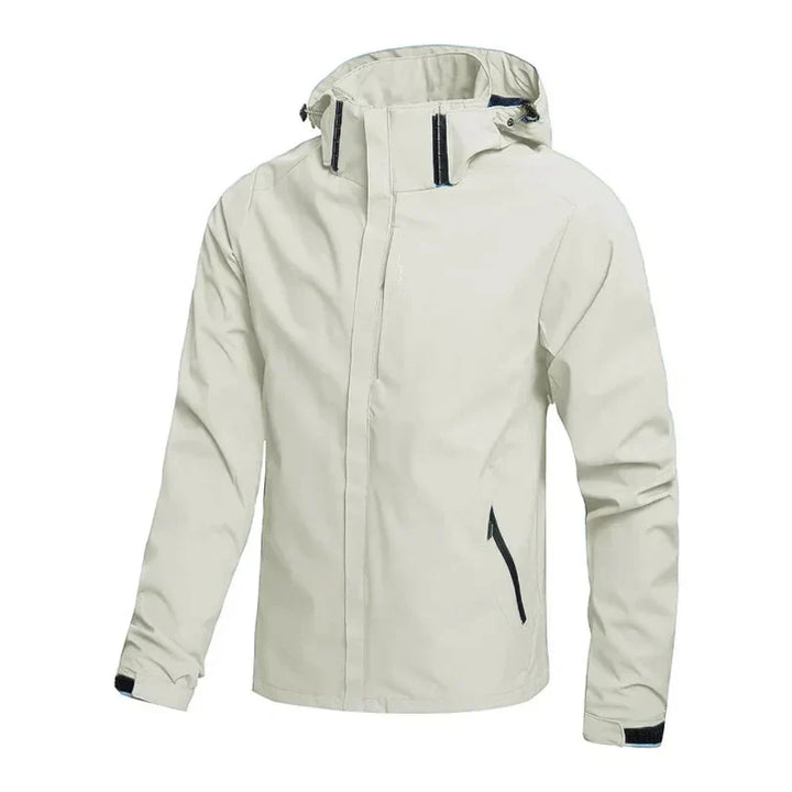 Men's weatherproof hooded rain jacket, lightweight & water-resistant, providing protection for fall outdoor activities.