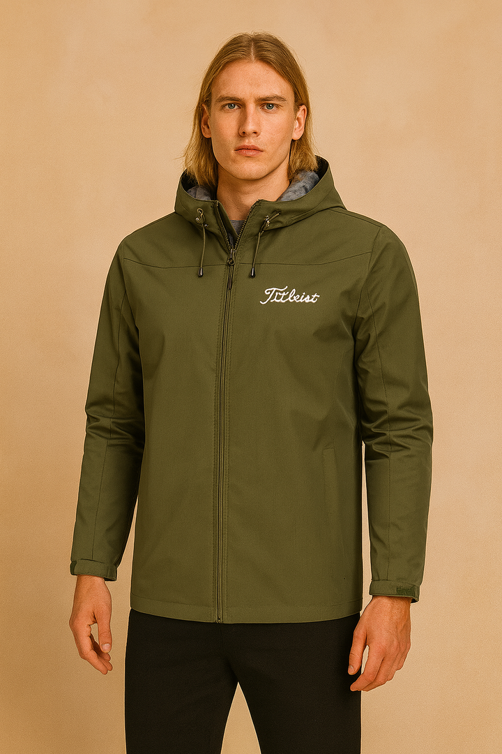 Durable men's lightweight sport jacket with hood and zipper, providing essential weather protection for outdoor wear.