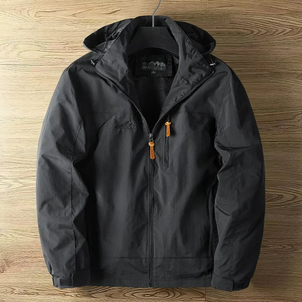 Men's lightweight hooded waterproof rain jacket, ideal for outdoor adventures & travel.