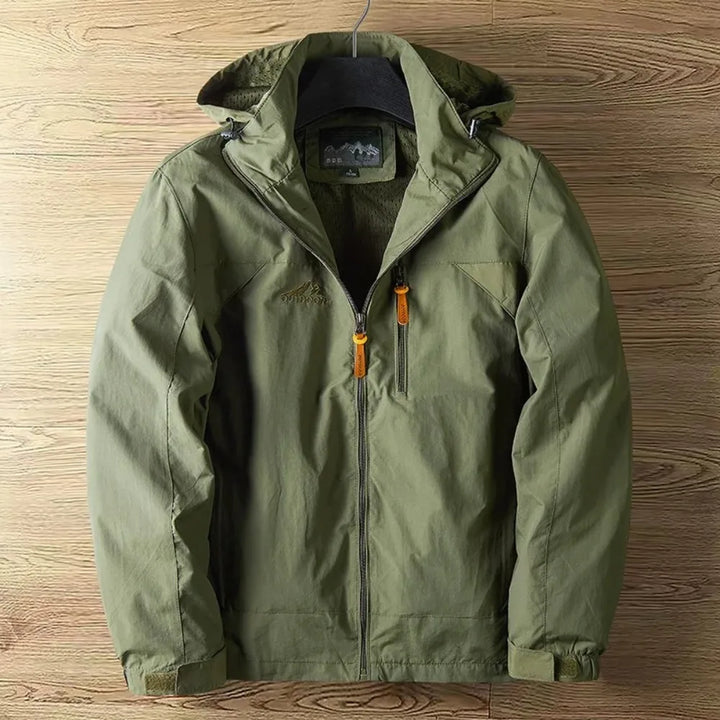 Lightweight men's waterproof hiking jacket with hood, full-zip design for outdoor protection.