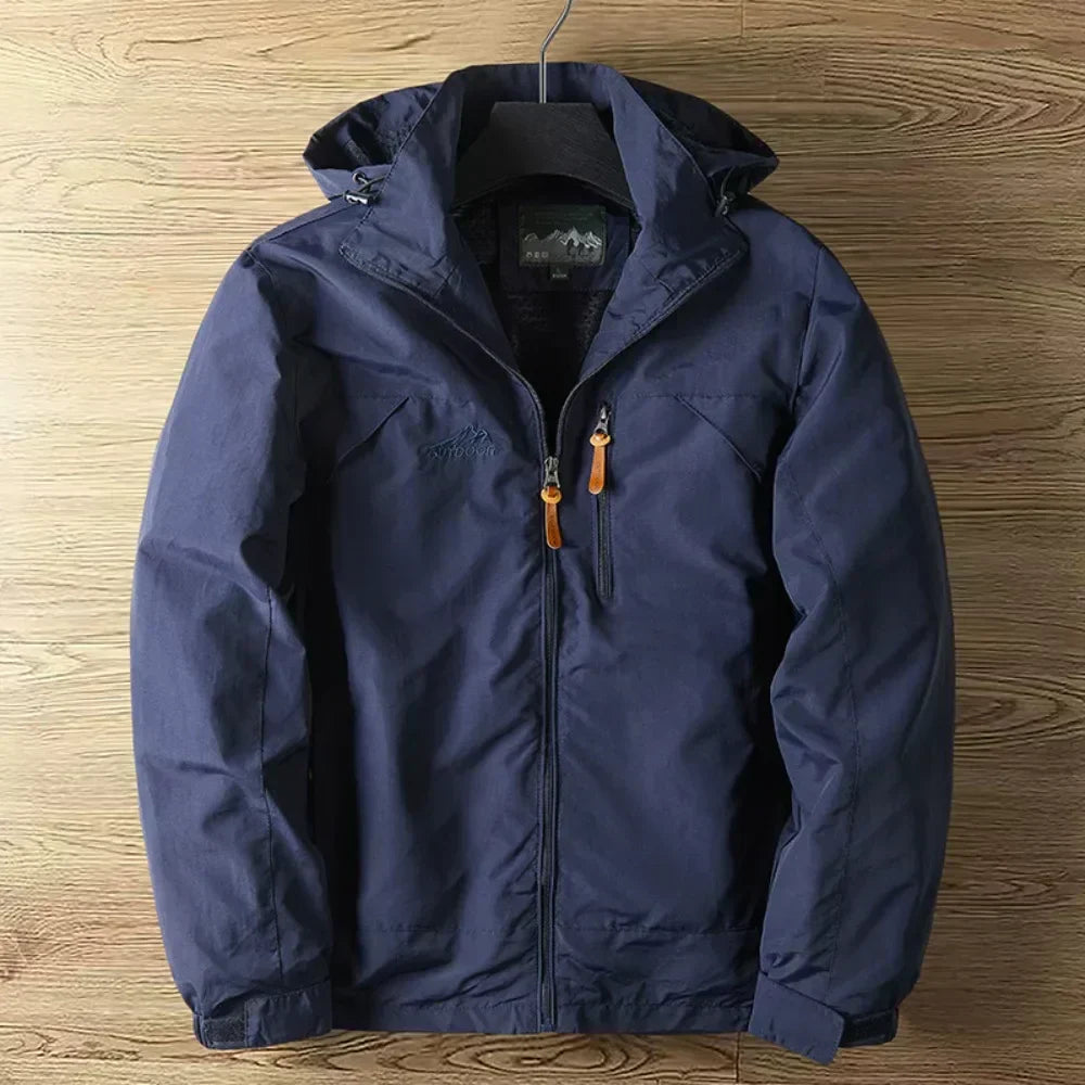 Casual men's hooded waterproof rain jacket, lightweight windbreaker for all-weather outdoor wear.