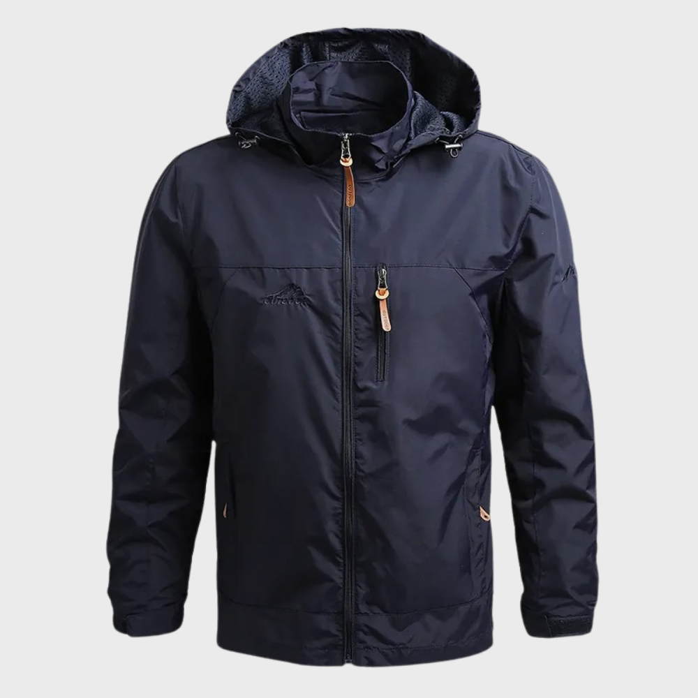 Lightweight men's hooded windbreaker, durable outerwear for activewear, travel, and spring/fall adventures.