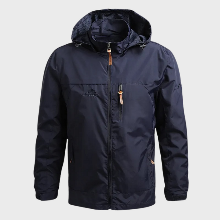 Lightweight men's hooded windbreaker, durable outerwear for activewear, travel, and spring/fall adventures.
