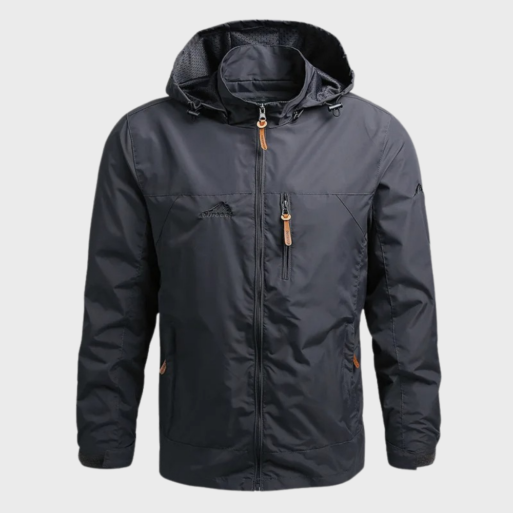 Casual gray men's hooded jacket; a versatile lightweight windbreaker for travel, spring, and outdoor protection.