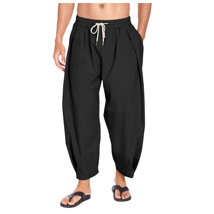 Black men's lightweight summer pants, relaxed fit, ideal for warm weather comfort & casual everyday style.