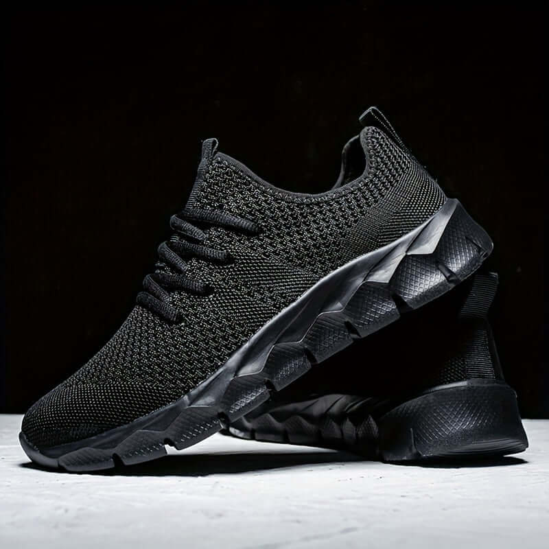 Front view: Men's knitted lightweight running shoes, perfect for training, everyday wear, & performance athletics.