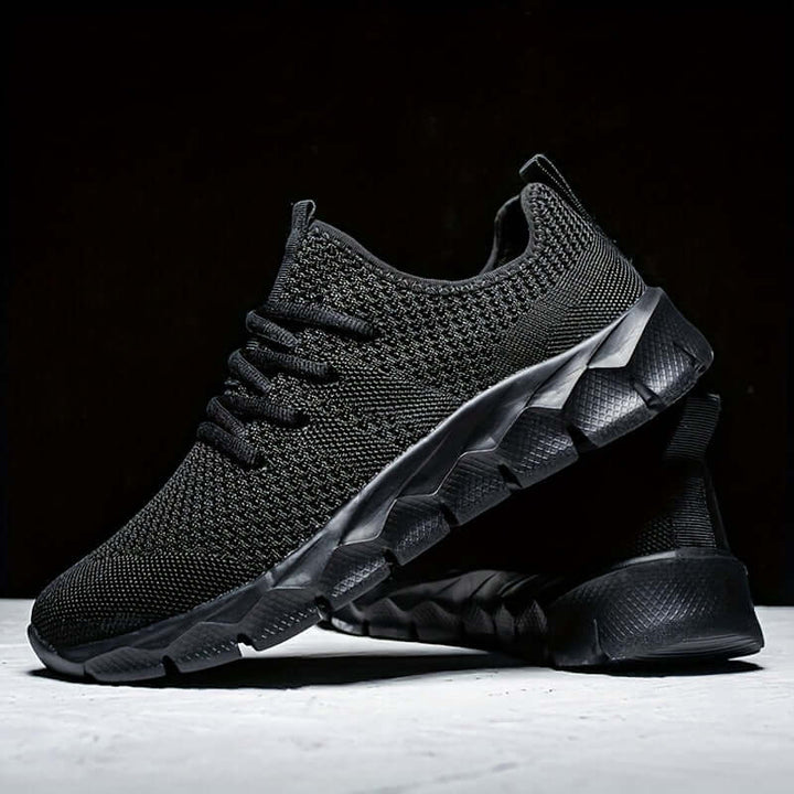 Front view: Men's knitted lightweight running shoes, perfect for training, everyday wear, & performance athletics.