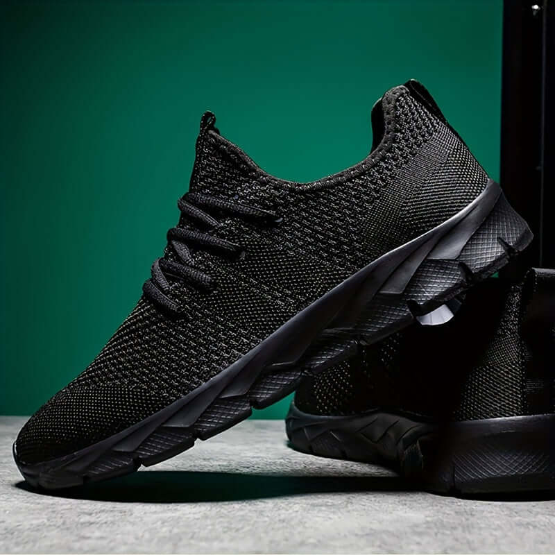 Close-up: Knitted texture on men's lightweight running shoes, breathable & comfortable athletic footwear for active wear.